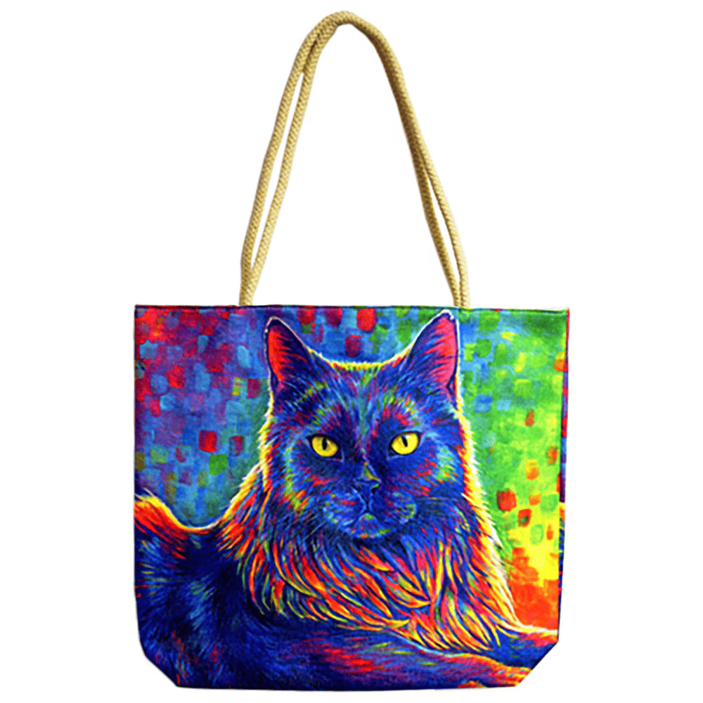 Psychedelic Rainbow Black Cat Jute Rope-Handled Tote Bag | 17"x15"